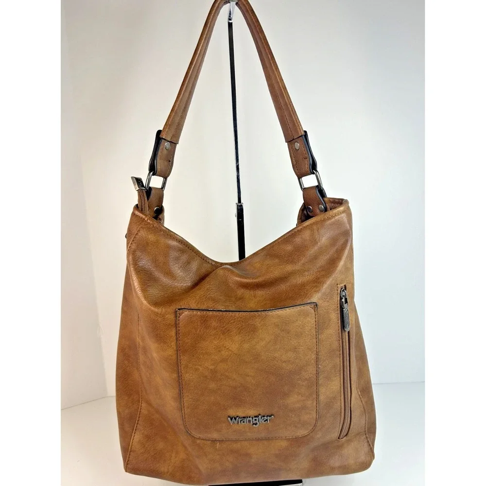 Wrangler Concealed Carrry Purse Tote Faux Leather Large Brown Pockets Full Zip